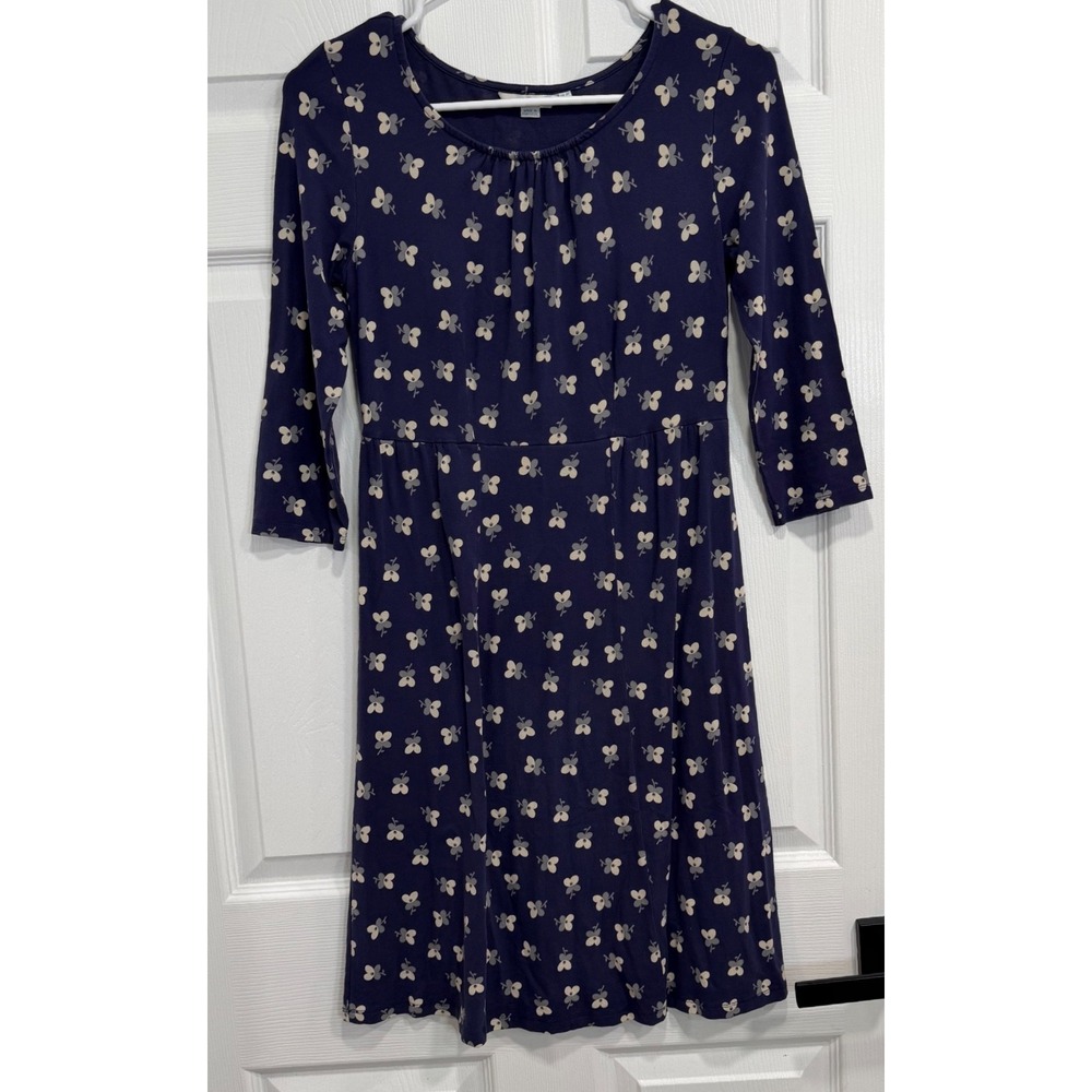 Boden Womens 4P Navy Floral Jersey Dress 3/4 Sleeve Fit Flare Petite UK 8P